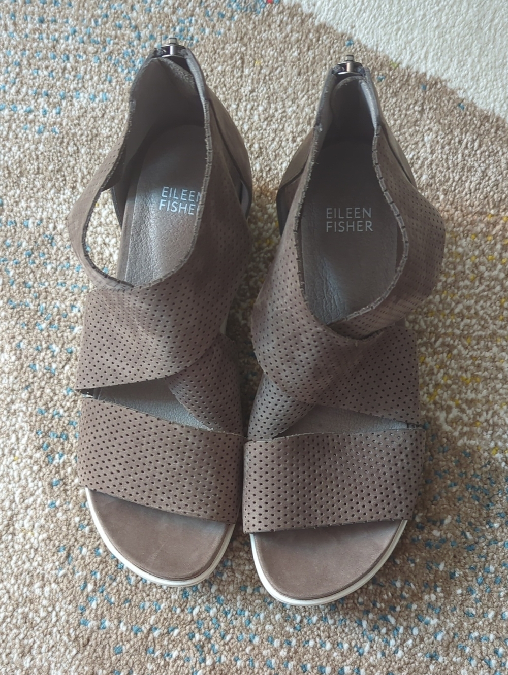 Eileen Fisher Perforated Leather Crisscross Wedge Sandals Size 7 - Picture 2 of 5
